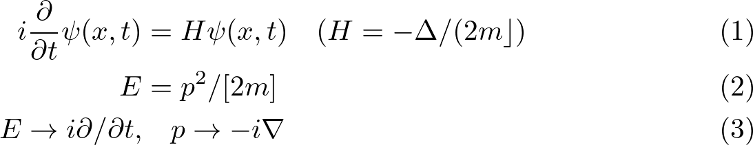 \begin{align}
 i \frac{\partial}{\partial t} \psi(x, t)&=H \psi(x, t) \quad(H=-\Delta /(2 m\rfloor)\\
 E&=p^{2} /[2 m]\\
 E \rightarrow i \partial / \partial t,& \quad p \rightarrow-i \nabla
\end{align}