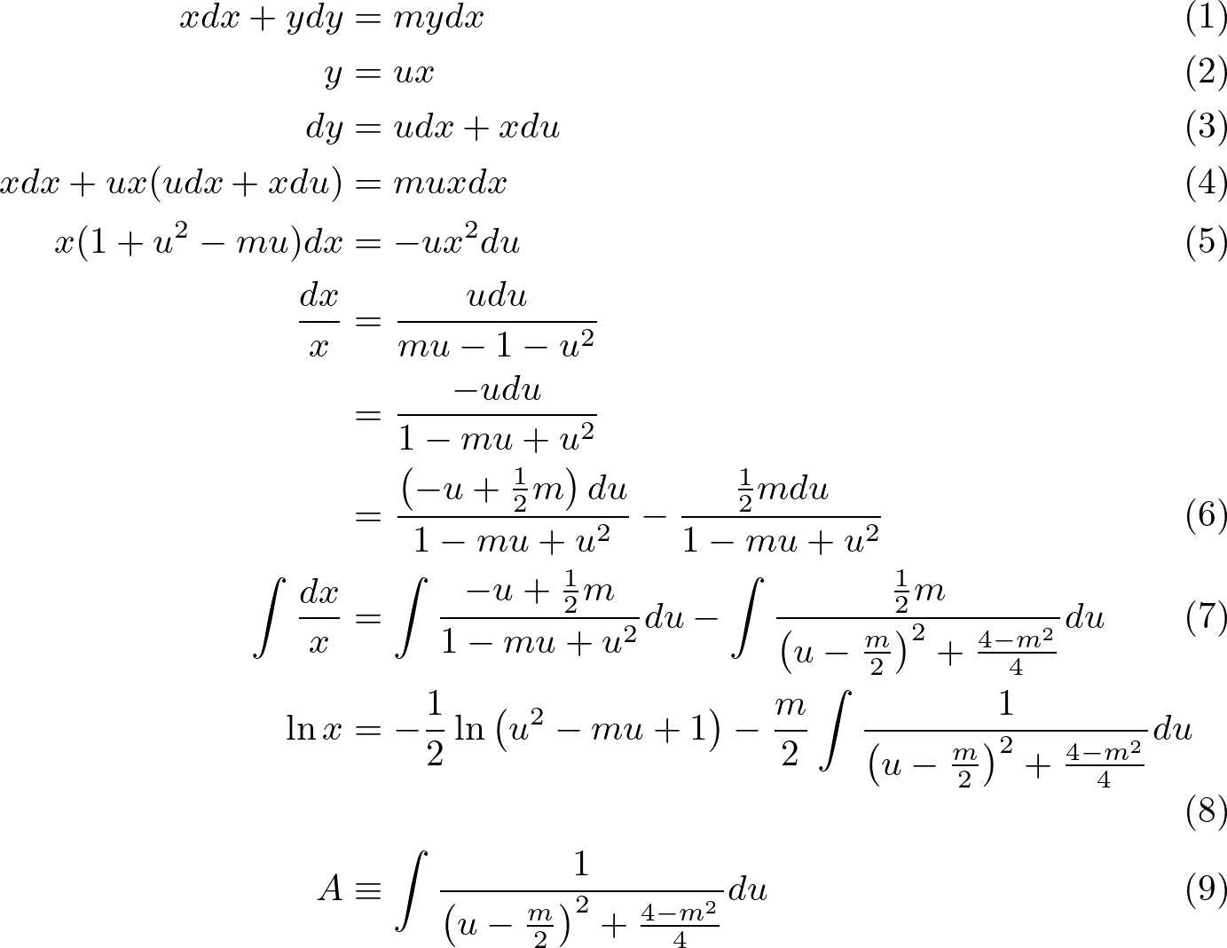 \begin{align}
xdx+ydy&=mydx\\
y&=ux\\
dy&=udx+xdu\\
xdx+ux(udx+xdu)&=muxdx\\
x(1+u^2-mu)dx&=-ux^2du\\
\frac{d x}{x}&=\frac{u d u}{m u-1-u^{2}}\nonumber\\
&=\frac{-u d u}{1-m u+u^{2}}\nonumber\\
&=\frac{\left(-u+\frac{1}{2} m\right) d u}{1-m u+u^{2}}-\frac{\frac{1}{2} m d u}{1-m u+u^{2}}\\
\int \frac{d x}{x}&=\int \frac{-u+\frac{1}{2} m}{1-m u+u^{2}} d u-\int \frac{\frac{1}{2} m}{\left(u-\frac{m}{2}\right)^{2}+\frac{4-m^{2}}{4}} d u\\
\ln x&=-\frac{1}{2} \ln \left(u^{2}-m u+1\right)-\frac{m}{2} \int \frac{1}{\left(u-\frac{m}{2}\right)^{2}+\frac{4-m^{2}}{4}} d u\\
A &\equiv \int \frac{1}{\left(u-\frac{m}{2}\right)^{2}+\frac{4-m^{2}}{4}} d u
\end{align}