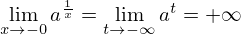 \begin{align*}
  \lim_{x \to -0}a^\frac{1}{x}=\lim_{t \to -\infty}a^t=+\infty
\end{align*}