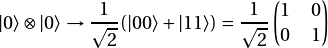 \begin{align*} |0\rangle \otimes | 0\rangle \rightarrow \frac{1}{\sqrt{2}} (|00\rangle + |11\rangle) = \frac{1}{\sqrt{2}} \begin{pmatrix} 1 & 0 \\ 0 & 1 \\ \end{pmatrix} \end{align*}