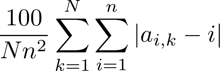 \begin{align*}
  \frac{100}{Nn^2}\sum_{k=1}^{N}{{{{\sum_{i=1}^{n}{|a_{i,k} - i|}}}}}
\end{align*}
