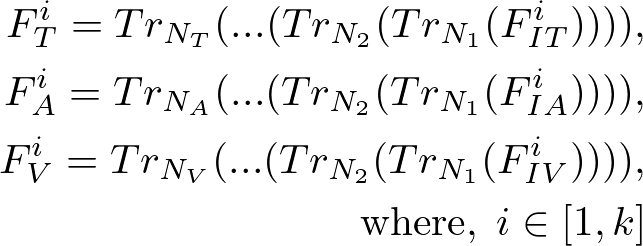 \begin{align*}
    F_T^i=Tr_{N_T}(...(Tr_{N_2}(Tr_{N_1}(F_{IT}^i)))),\\
    F_A^i=Tr_{N_A}(...(Tr_{N_2}(Tr_{N_1}(F_{IA}^i)))),\\
    F_V^i=Tr_{N_V}(...(Tr_{N_2}(Tr_{N_1}(F_{IV}^i)))),\\
    \mathrm{where},\;i\in[1,k]
\end{align*}