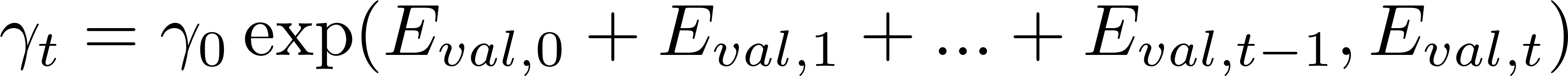 \begin{align*}
  \gamma_{t} = \gamma_{0} \exp(E_{val, 0} + E_{val, 1} + ... + E_{val, t-1}, E_{val, t})
\end{align*}